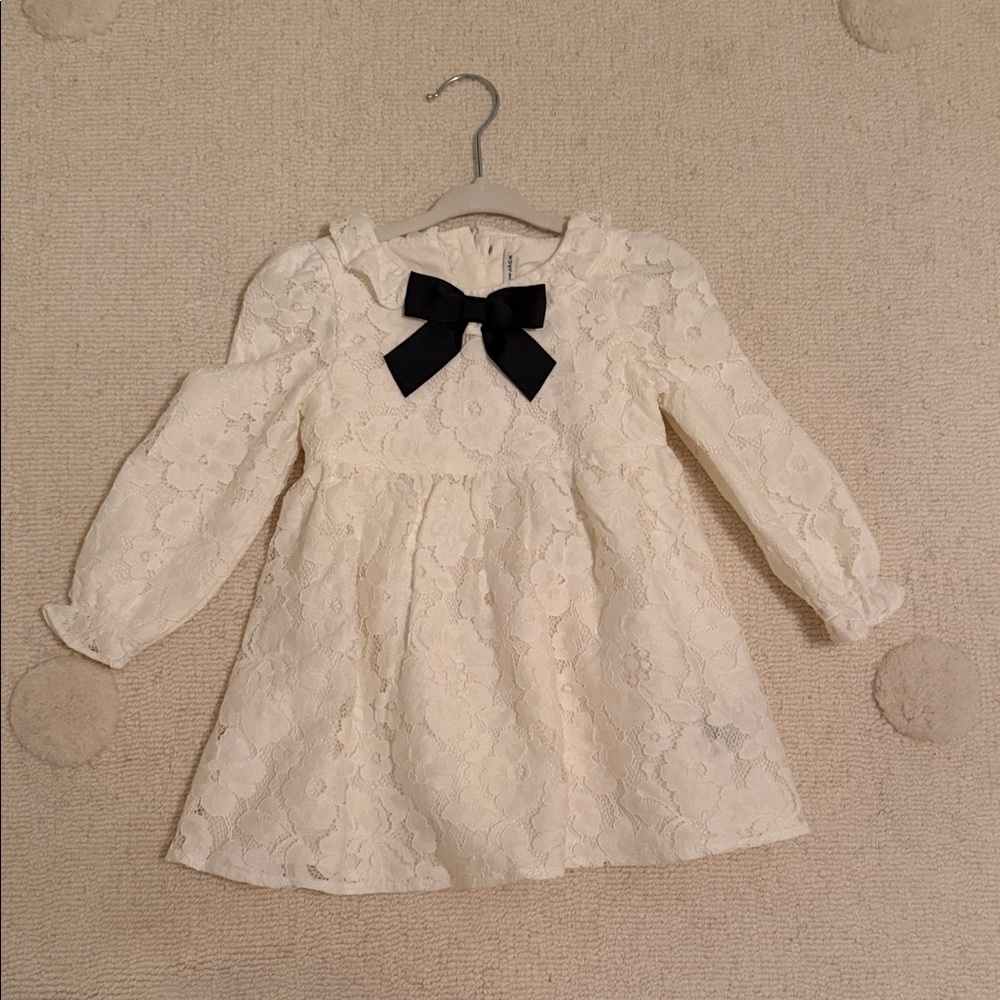 Janie and Jack Cream Lace Dress with Black Bow